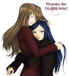  blonde_hair blue_hair closed_eyes fujino_shizuru green_eyes hair_tousle hand_on_another's_head height_difference hits hug jango-joe kuga_natsuki lips long_hair long_sleeves looking_at_viewer multiple_girls my-hime simple_background smile turtleneck very_long_hair 