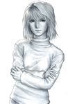  arcueid_brunestud closed_mouth greyscale idnar long_sleeves monochrome realistic short_hair solo sweater tsukihime 