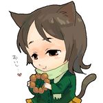  1girl :t animal_ears bad_hands blush brown_eyes brown_hair cat_ears cat_tail chibi chibi_only doughnut eating food green_scarf heart holding holding_food koaki long_sleeves lowres oekaki original pon_de_ring scarf simple_background solo tail white_background 