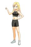  a1 bike_shorts blonde_hair blue_eyes finger_puppet full_body hand_on_hip kaleido_star layla_hamilton long_hair navel o_o puppet shoes simple_background sneakers solid_circle_eyes solo sports_bra standing white_background 