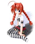  ahoge arm_cuffs arm_support belt blue_eyes braid clothes_writing cross grey_skirt long_hair looking_at_viewer loose_belt lyrical_nanoha mahou_shoujo_lyrical_nanoha mahou_shoujo_lyrical_nanoha_a's orange_hair shadow shirt sitting skirt solo striped striped_legwear t-shirt thighhighs twin_braids umekichi vita wariza 