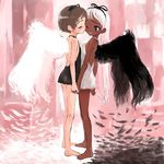  angel black_vs_white brown_hair cheek_kiss closed_eyes dark_skin feathers kiss long_hair multiple_girls one_eye_closed original ribbon sasahara_yuuki short_hair white_hair wings yuri 