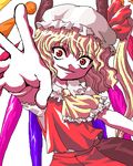  ascot blonde_hair collar eyebrows_visible_through_hair flandre_scarlet frilled_ascot frilled_collar frilled_hat frilled_sleeves frills hat long_hair looking_at_viewer lowres narumi_yuzurai oekaki one_side_up outstretched_hand reaching_out red_eyes red_shirt red_skirt shirt short_sleeves skirt smile solo touhou white_background wings 