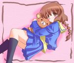  artist_request black_legwear blush braid brown_eyes brown_hair cardigan hug ichijou kneehighs kuma long_hair long_sleeves pani_poni_dash! school_uniform skirt solo stuffed_animal stuffed_toy teddy_bear 