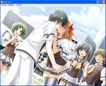  3girls black_hair blush bow bowtie brown_hair building cravat fuyou_kaede game_cg glasses green_hair hair_ribbon imminent_kiss kiss leaning_forward mayumi_thyme midoriba_itsuki multiple_boys multiple_girls ribbon school_uniform shigure_asa short_hair_with_long_locks shoulder_grab shuffle! surprised suzuhira_hiro sweatdrop thighhighs tsuchimi_rin vest windows_xp 