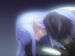  bangs black_gloves blue_hair blush caster clenched_teeth covered_eyes crying dark dripping fate/hollow_ataraxia fate/stay_night fate_(series) from_side game_cg gloves hair_behind_ear interlocked_fingers juliet_sleeves long_hair long_sleeves own_hands_together pointy_ears profile puffy_sleeves sobbing solo takeuchi_takashi tears teeth upper_body vambraces 