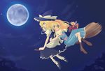  :o alice_margatroid apron black_dress blonde_hair blue_dress blush boots bow broom broom_riding capelet cross-laced_footwear dress dutch_angle fairy_wings flying frilled_dress frills full_moon green_eyes hair_bow hat hat_bow kirisame_marisa loose_socks mary_janes moon multiple_girls multiple_riders night nose_blush outdoors puffy_sleeves red_dress ringo_apple sash shanghai_doll shirt shoes sidesaddle sky smile socks star_(sky) touhou tree white_bow white_legwear wings witch_hat 
