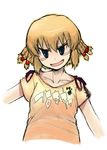  blonde_hair blue_eyes blush_stickers collarbone f4u_(naitou2) grin hair_ornament kanisawa_kinu looking_at_viewer shirt short_hair simple_background sketch smile solo t-shirt tsuyokiss upper_body 