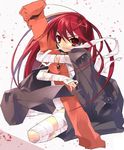  alastor_(shakugan_no_shana) bandages exif_thumbnail_surprise itou_noiji jacket_on_shoulders jewelry kneeling long_coat long_hair looking_at_viewer mouth_hold naked_bandage necklace object_hug pendant red_eyes red_hair shakugan_no_shana shana solo weapon_bag 