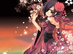  animal_ears black_eyes black_hair card cherry_blossoms detached_sleeves eyepatch flower hinayuki_usa holding holding_card japanese_clothes long_sleeves original petals ribbon rose solo 