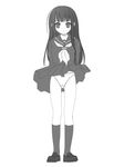  aru_(abyssinia) bangs blunt_bangs blush enma_ai greyscale highres hime_cut jigoku_shoujo kneehighs long_hair long_sleeves monochrome panties pleated_skirt school_uniform serafuku shoes skirt socks solo standing underwear wind wind_lift 