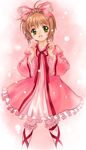  antenna_hair blonde_hair bow cardcaptor_sakura cosplay dress highres hina_ichigo hina_ichigo_(cosplay) kinomoto_sakura long_sleeves mutsuki_(moonknives) parody pink pink_background pink_bow pink_dress rozen_maiden solo 