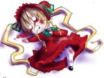  artist_request blonde_hair blood bloody_tears bloomers bonnet chibi dress drooling long_hair long_sleeves lowres o_o red_dress rozen_maiden shinku solo twintails underwear very_long_hair 