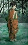  barefoot black_hair cup duplicate forest japanese_clothes kimono mushishi nature renzu_(mushishi) resized sakazuki screencap short_hair solo stitched third-party_edit upscaled 