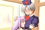  :d ^_^ animal_ears bangs blush breast_pillow breasts bunny_ears closed_eyes full-face_blush hand_on_another's_head hat hug indoors kurikara lavender_hair long_hair medium_breasts multiple_girls nurse_cap oekaki open_mouth reisen_udongein_inaba smile sweatdrop tearing_up tears touhou upper_body white_hair yagokoro_eirin 