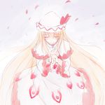  artist_request blonde_hair blush capelet danmaku dress hand_on_own_chest hat hat_ribbon light_smile lily_white long_hair long_sleeves outstretched_hand petals ribbon solo touhou 