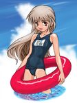  artist_request brown_eyes brown_hair cloud copyright_request day innertube long_hair name_tag one-piece_swimsuit school_swimsuit sky solo swimsuit very_long_hair wading water wind 
