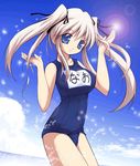  artist_request blue_eyes breasts day jpeg_artifacts large_breasts mabinogi name_tag nao_(mabinogi) one-piece_swimsuit school_swimsuit sky solo swimsuit twintails white_hair 