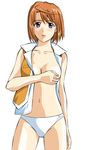  blush bottomless breast_hold breasts brown_hair cleavage dress_shirt large_breasts my-hime navel no_bra no_pants open_clothes open_shirt orange_shirt panties purple_eyes school_uniform shirt short_hair solo standing tokiha_mai toshibou_(satsukisou) underwear vest white_panties 