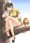  alcohol blush brown_eyes brown_hair bun_cover china_dress chinese_clothes copyright_request crossed_legs day double_bun dress drinking drunk hairpods high_heels in_tree legs long_legs miyai_sen one_eye_closed outdoors panties pantyshot pantyshot_(sitting) sake shoes short_dress short_hair sitting sitting_in_tree thighs toggles tree underwear upskirt white_panties yellow_dress 