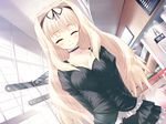  ^_^ arms_behind_back blonde_hair blush breasts casual choker cleavage closed_eyes collarbone dutch_angle game_cg hairband indoors kawata_hisashi kusugawa_sasara long_hair long_sleeves looking_at_viewer medium_breasts skirt smile solo to_heart_2 to_heart_2_xrated very_long_hair 