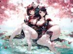  2girls ass azur_lane bangs black_hair blue_eyes blunt_bangs blush bob_cut breasts cherry_blossoms chinese_commentary cleavage commentary_request falling_petals fish fusou_(azur_lane) in_water japanese_clothes kimono koi large_breasts medium_hair multiple_girls paw_pose petals red_eyes short_hair siblings sideboob sisters sitting tearing_up thighhighs torn_clothes torn_legwear water white_legwear xing yamashiro_(azur_lane) 