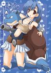  1girl bare_shoulders blastoise blue_hair blush breasts brown_eyes character_doll cleavage creature_and_personification detached_sleeves hair_between_eyes kneeling leaning_to_the_side looking_at_viewer navel open_mouth personification photoshop_(medium) pikachi poke_ball_symbol pokemon pokemon_(creature) solo 