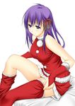  bare_shoulders big_wednesday blush bridal_gauntlets christmas fate/stay_night fate_(series) hair_ribbon long_hair matou_sakura purple_eyes purple_hair ribbon santa_costume sitting solo thighhighs thighhighs_pull 