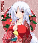  animal_ears blush breasts camellia cleavage dog_ears floral_background floral_print flower japanese_clothes kimono kuzunoha_kyouji_(sunny_side_street) large_breasts long_hair long_sleeves looking_at_viewer new_year obi original outline red_eyes sash silver_hair sleeves_past_wrists smile solo tail upper_body 