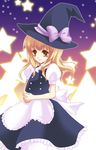  apron blonde_hair bow hat hat_bow hinase_saharu kirisame_marisa light_smile purple_bow solo star starry_background touhou waist_apron witch_hat 