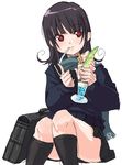  bag black_hair food heart heart-shaped_pupils ice_cream long_sleeves oekaki onija_tarou original red_eyes scarf school_bag school_uniform sitting solo sundae sweater symbol-shaped_pupils 