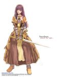  armor armored_dress belt brown_dress capelet character_name copyright_name dress floral_print flower gloves long_hair long_sleeves myung-jin_lee official_art purple_eyes purple_hair ragnarok_online rose simple_background solo sword swordsman_(ragnarok_online) tabard weapon 