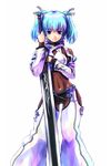  blue_eyes blue_hair huge_weapon long_sleeves navel original refeia short_hair simple_background smile solo sword twintails weapon white white_background 