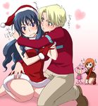  2girls angry barefoot blonde_hair blue_eyes blue_hair blush blush_stickers chako_(mujin_wakusei_survive) christmas clenched_teeth dress embarrassed fur furry gloves green_eyes hat howard hug imminent_kiss kneeling kuroo_(project_apricot) long_hair long_sleeves luna_(mujin_wakusei_survive) menori mujin_wakusei_survive multiple_girls orange_hair purple_eyes raglan_sleeves red_eyes red_gloves santa_costume santa_hat short_dress skirt smile sparkle staring teeth translation_request 