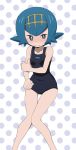  1girl blue_eyes blue_hair blush breasts closed_mouth creatures_(company) frown game_freak gensei00 hairband highres nintendo one-piece_swimsuit pokemon pokemon_(game) pokemon_sm polka_dot polka_dot_background short_hair small_breasts solo suiren_(pokemon) swimsuit trial_captain 