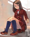  artist_request blazer can cigarette drink glasses hair_ornament hairclip jacket long_sleeves original pleated_skirt red school_uniform skirt smoking solo 