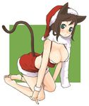  animal_ears anklet barefoot bobblehat border breasts cat_ears cat_tail christmas cleavage full_body fur_trim green_background green_eyes hanging_breasts hat jewelry kneehighs large_breasts original santa_costume santa_hat simple_background solo tail white_border yuu_(uminashiken) 