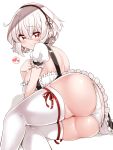  1girl ass azur_lane bangs bare_back blush breasts brown_eyes butt_crack commentary_request eyebrows_visible_through_hair frills hair_between_eyes hairband heart highres huge_ass kanjitomiko large_breasts looking_at_viewer panties puffy_short_sleeves puffy_sleeves short_hair short_sleeves sirius_(azur_lane) skindentation smile solo spoken_heart thick_thighs thighhighs thighs underwear white_hair white_legwear white_panties wide_hips 