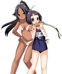  artist_request bikini black_hair bleach blue_hair breasts dark_skin multiple_girls name_tag one-piece_swimsuit ponytail school_swimsuit shihouin_yoruichi short_hair_with_long_locks sui-feng swimsuit 