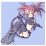  bat_wings black_gloves black_legwear blue_background bracelet demon_girl disgaea earrings elbow_gloves etna gloves jewelry kimarin lowres makai_senki_disgaea_2 miniskirt red_hair simple_background skirt skull_earrings solo tail thighhighs twintails wings 