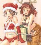  animal_costume bell bell_collar black_bra black_panties blush bra breasts brown_gloves brown_hair carrying chaps christmas collar corset cross elbow_gloves fur gift gloves hat large_breasts leaning_forward long_hair looking_at_viewer medium_breasts midriff multiple_girls navel one_eye_closed original panties ponytail red_gloves reindeer_costume ribbon saimon santa_costume santa_hat short_hair side-tie_panties smile strapless tubetop underwear 