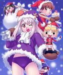  :3 ;d artoria_pendragon_(all) blonde_hair buruma cake christmas fate/stay_night fate_(series) food fujimura_taiga gym_uniform hat illyasviel_von_einzbern long_sleeves matou_sakura mittens multiple_girls oekaki one_eye_closed open_mouth pastry purple_buruma purple_hat purple_santa_costume saber sack santa_costume santa_hat smile toosaka_rin zen 