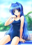  arm_up blurry blush competition_school_swimsuit day depth_of_field head_tilt highres kanon long_hair looking_at_viewer minase_nayuki norizou_type-r one-piece_swimsuit outdoors palm_tree pool pool_ladder poolside school_swimsuit sitting smile soaking_feet solo swimsuit tree 