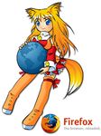  animal_ears artist_request bad_anatomy ball bare_shoulders blonde_hair blue_eyes boots breasts detached_sleeves firefox fox_ears fox_tail giantess holding long_hair long_sleeves looking_at_viewer medium_breasts orange_footwear os-tan personification simple_background smile solo tail thigh_boots thighhighs zettai_ryouiki 