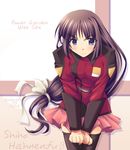  blush bow brown_hair cf-x character_name gundam gundam_seed gundam_seed_destiny hair_bow long_hair long_sleeves low-tied_long_hair purple_eyes shiho_hahnenfuss skirt solo thighhighs very_long_hair zettai_ryouiki 
