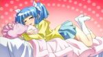  ^_^ bangs bed_sheet blanket blue_skirt blunt_bangs blush closed_eyes full_body kneehighs long_sleeves lying momotsuki_gakuen_school_uniform on_bed on_stomach pani_poni_dash! pillow pillow_hug pleated_skirt red_background ribbon sailor_collar screencap shirt simple_background skirt solo suzuki_sayaka two_side_up white_legwear white_ribbon yellow_sailor_collar yellow_shirt 