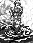  abstract_background flower foreshortening fundoshi glasses greyscale japanese_clothes male_focus manly mannosuke monochrome morichika_rinnosuke nagare_kei reaching rose solo thorns touhou zoom_layer 