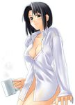  arm_support artist_request black_eyes black_hair breasts cup dress_shirt holding holding_cup long_sleeves maria-sama_ga_miteru medium_breasts mizuno_youko mug open_clothes open_shirt shirt short_hair simple_background solo unbuttoned white_background 