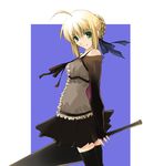  ahoge artoria_pendragon_(all) bare_shoulders black_legwear blonde_hair blue_background braid dress fate/stay_night fate_(series) frilled_dress frills from_side green_eyes hair_ribbon head_tilt holding holding_sword holding_weapon long_sleeves looking_at_viewer nagare_hyougo ribbon saber short_dress smile solo sword thighhighs weapon 