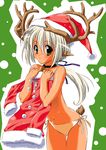  animal_ears antlers artist_request bell blush choker christmas clothes_in_front green_eyes hat long_hair original panties ribbon santa_costume santa_hat short_hair side-tie_panties silver_hair solo standing tail thigh_gap topless underwear underwear_only white_panties 